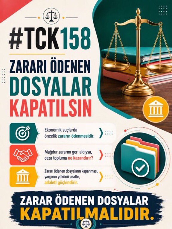 BusraGulgorrr's tweet photo. @avademyildirim Yargı Paketi toplumun beklentisini karşılamalıdır. Zararı ödenen dosyalar ayrım yapılmadan kapatılsın. Ödeme iradesi olanlara çözüm sağlanırken sorumluluk da doğru belirlenmelidir.
#TCK158ZararıÖdenenDosyalarKapatılsın #TCK142_2e_YargıPaketineDahilEdilsin https://t.co/pE0If717nv