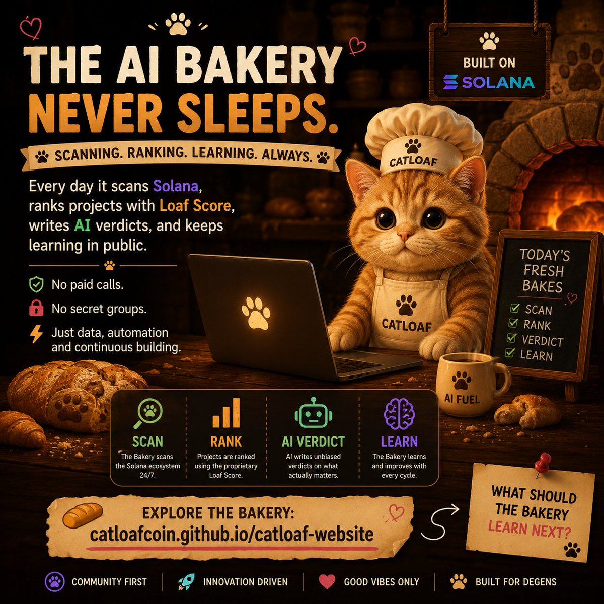 catloafcoin's tweet photo. The AI Bakery never sleeps. 🍞

It scans Solana, ranks projects with Loaf Score, writes AI verdicts, and keeps learning in public.

No paid calls. No private groups. Just continuous building.

🌐 https://t.co/hsl6vZ1U0A

What should the Bakery bake next?

#Solana #AI #Crypto #new https://t.co/kRwIXzQGAT
