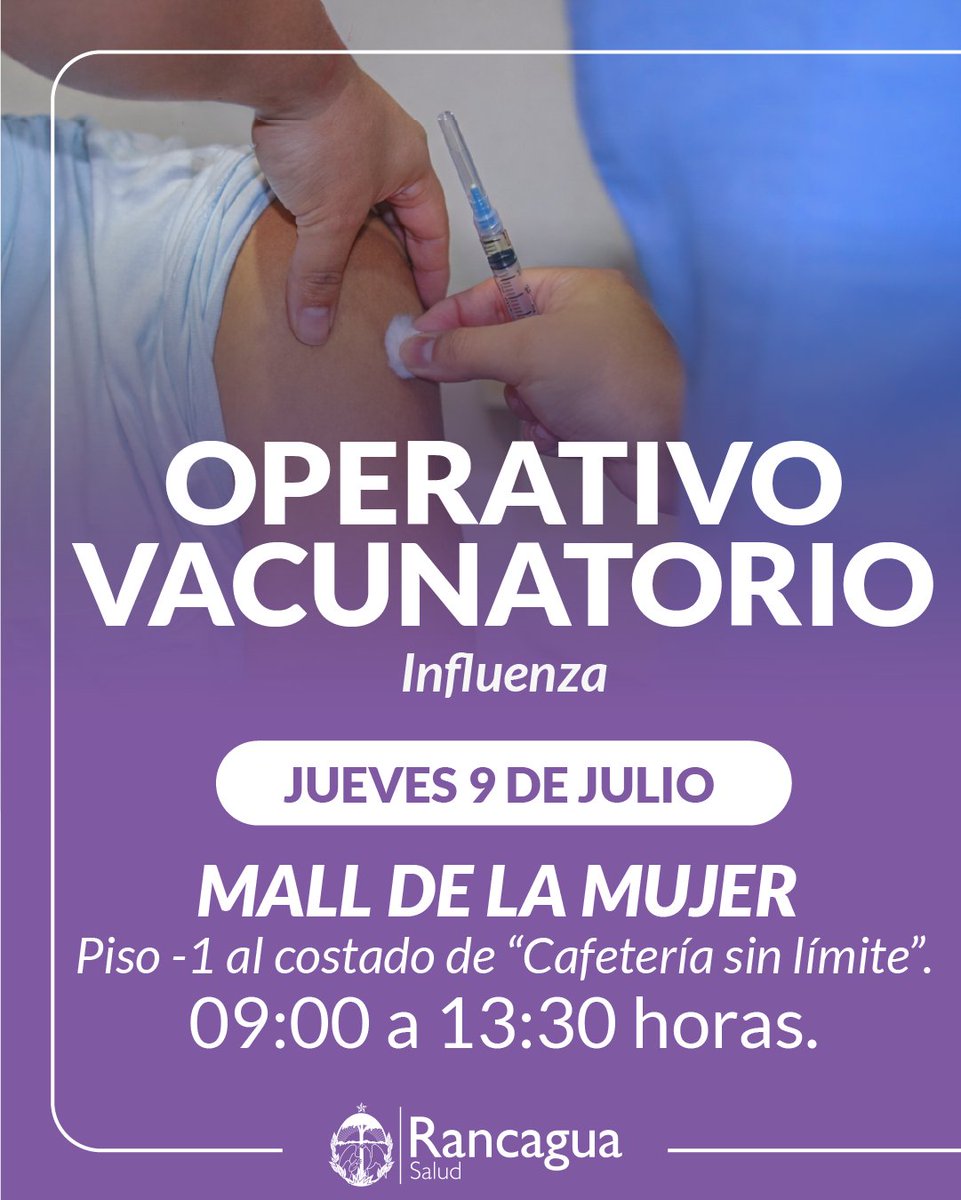 Cormun_Rancagua's tweet photo. ¡Atención, vecinas y vecinos de Rancagua! 💉🦠

Mañana jueves 9 de julio se llevará a cabo un nuevo Operativo Vacunatorio contra la Influenza. Es una excelente oportunidad para proteger a toda la familia antes de que continúe el invierno. ❄️ https://t.co/s1ny8dlNAs