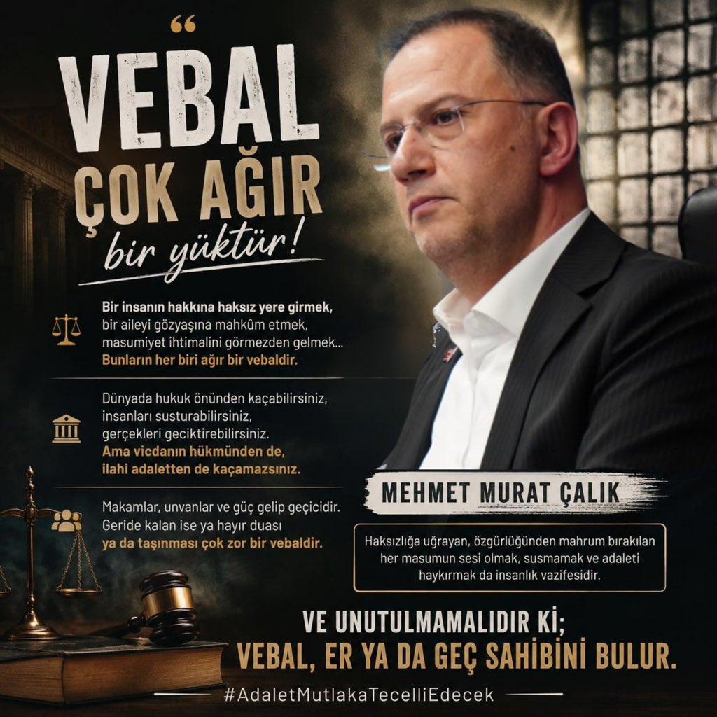 melihhkochan's tweet photo. Vebal, insanın omuzuna yüklenen en ağır yüktür. Çünkü dünyada hukuk önünden kaçabilirsiniz, insanları susturabilirsiniz, gerçekleri geciktirebilirsiniz. Ama vicdanın hükmünden de, ilahi adaletten de kaçamazsınız.

Bir insanın hakkına haksız yere girmek, bir aileyi gözyaşına mahkûm etmek, masumiyet ihtimalini görmezden gelmek… Bunların her biri ağır bir vebaldir.

Unutulmamalıdır ki; makamlar, unvanlar ve güç gelip geçicidir. Geride kalan ise ya hayır duası ya da taşınması çok zor bir vebaldir. Ve vebal, er ya da geç sahibini bulur.