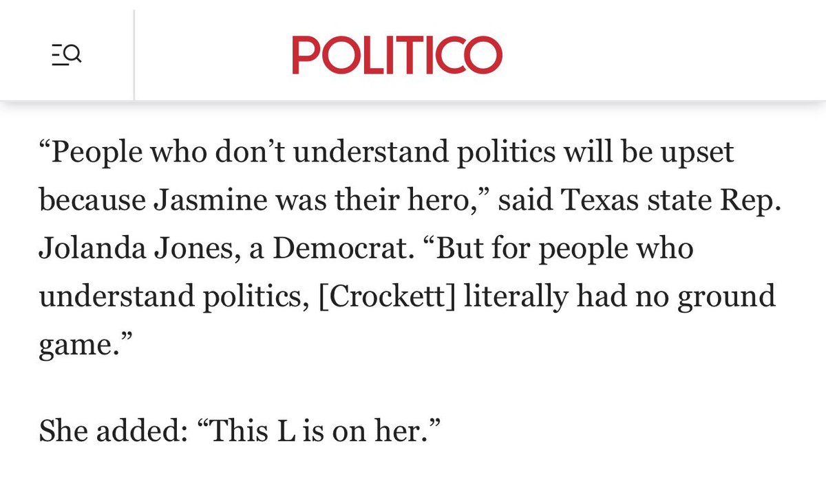 fdr_dem's tweet photo. Jasmine Crockett lost the primary because she did not build a broad coalition of support beyond Black voters in East Texas. 

It wasn’t because of racism, James Talarico, or the mean anon accounts. 
Crockett did not hire a campaign manager to advise against her running a negative campaign against her primary opponent. 

Also, she relied heavily on a gaggle of social media influencers, who went on to build a cult around Crockett after the primary. They have nothing to do with Black Texans, and everything to do with their grievances about Crockett not being on the ballot in November. Sad shit.