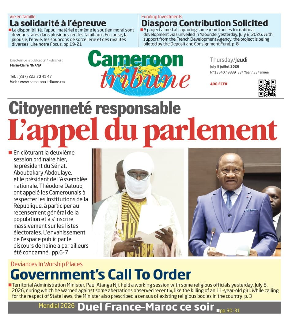 CamerounTribune's tweet photo. Bonsoir fidèles abonnés ! Recevez la #Une de #CameroonTribune du 9 juillet 2026. #Journal à retrouver en #kiosque et sur https://t.co/LtLa0TuX5c
 #News #Actualités #Informations #Politique #Économie #Sport #Culture #Cameroon #Cameroun #PresseEcrite https://t.co/bMVYYRQcWi