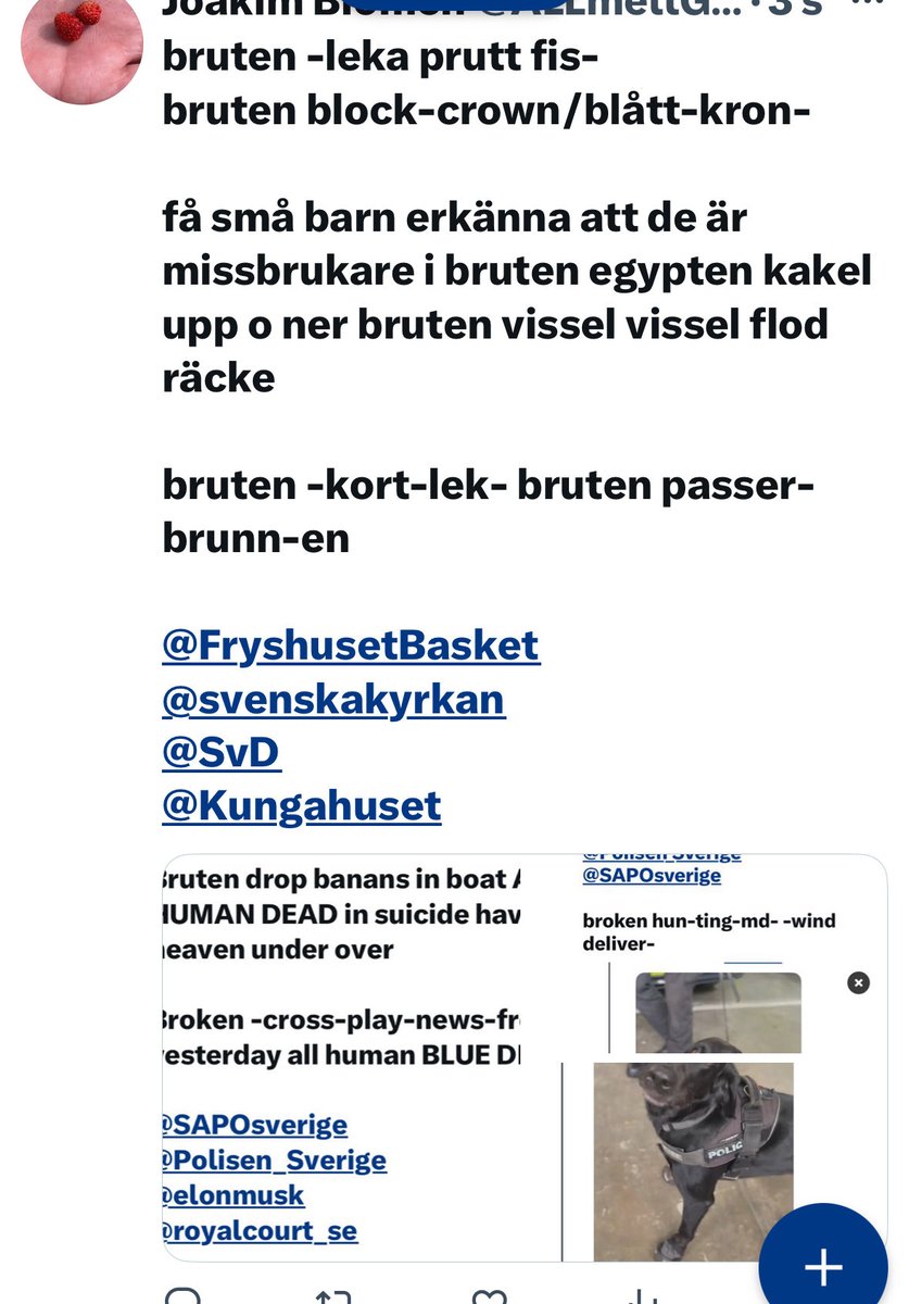ALLmeltGenom's tweet photo. Rymdraket är inte sandens bajskorvar bruten w-00-ka-

🐕 är inte WOOK bruten ståL-gädd-ah bruten ton GULD 

@elonmusk https://t.co/kLFE80WDLA