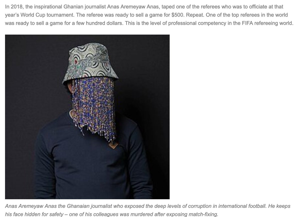 declan_hill's tweet photo. Ghanaian journalist Anas taped a FIFA referee who was to officiate the 2018 World Cup. 
The ref was ready to sell a game for $500. 
This is the level of professionalism in the  FIFA refereeing world.
https://t.co/Onfwj16To1 https://t.co/m6VIMV6gvv