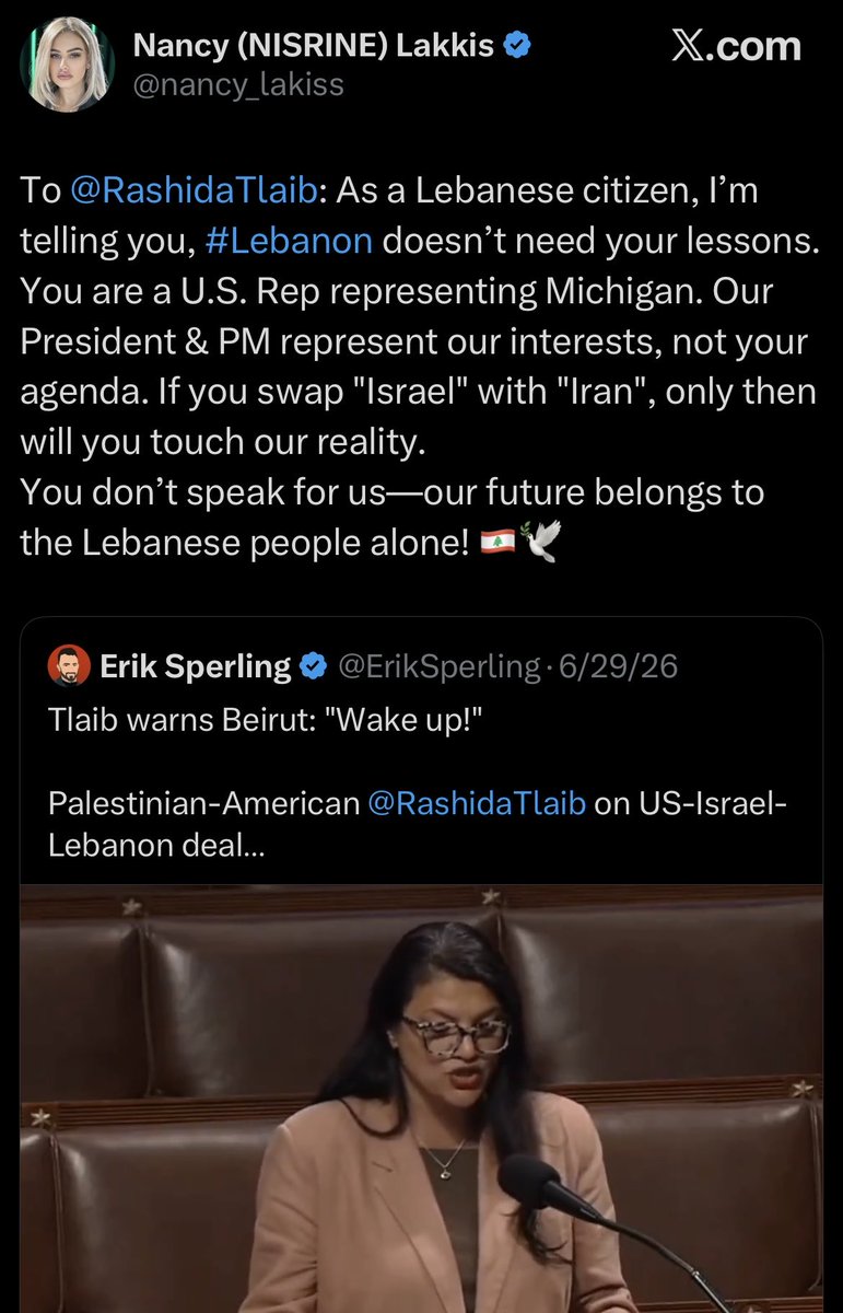 Janetabouelias's tweet photo. Two concerned “Lebanese citizens" (who are also journalists) attack Congresswoman @RashidaTlaib a day apart. Somehow they land on the identical line:

🗣️ "Swap Israel with Iran”

Different accounts, same script. Who's writing these? https://t.co/1MPN8e57Lh