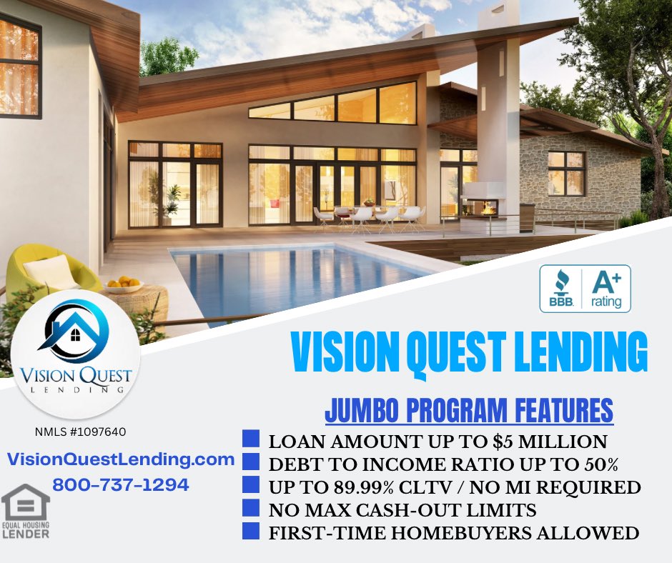 visionquestlend's tweet photo. Jumbo Loans Programs🏡❤️
#JumboLoan #JumboMortgage #LuxuryHomeLoans #LuxuryRealEstate #DreamHome #HomeFinancing #Mortgage #MortgageLender #HomeLoan #HomeLoans #MortgageBroker #Refinance #LuxuryHomes #RealEstate #HomeBuying #CaliforniaRealEstate #MortgageRates #JumboLoans https://t.co/NoBxvYGrwf