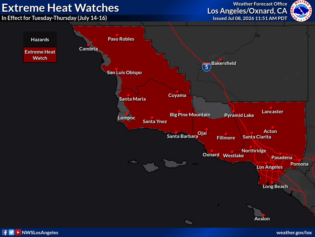 NWSLosAngeles's tweet photo. 🌡️Warm temperatures are here to stay!!🌞

Heat Advisories are in effect today into next Tuesday for many areas away from the coast, followed by a widespread Extreme Heat Watch for Tuesday through Thursday next week (July 14-16). #LAheat #LAheatwave #CAwx https://t.co/24PANCpGJF