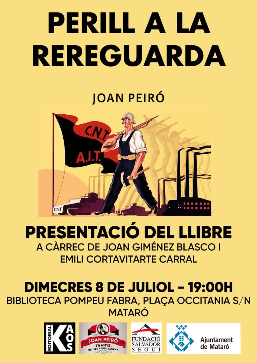 ercmataro's tweet photo. Presentació del llibre "Perill a la Rereguarda" de Joan Peiró.
Articles publicats a la premsa local del 36 al 39.

Veiem l'home íntegre, company de lluites, obrer, sindicalista i que no va renunciar als seus principis,  malgrat la proposta de salvar la vida servint al règim. https://t.co/TmhK1HcLlh
