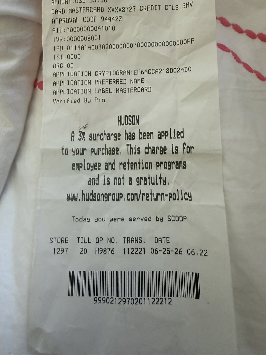 superfeety's tweet photo. @avoltapartners Hudson News JFK
Terminal 8 adds a 3% surcharge for employee retention programs. No big visible sign and it was self checkout. This is unacceptable and fleecing people. And your phone numbers for corporate do not work. https://t.co/b5KxrYKkJQ