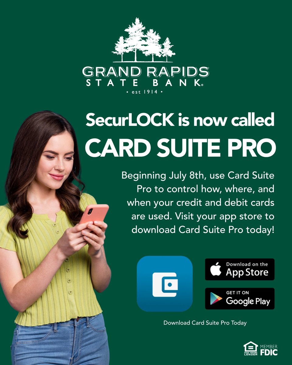GRSB's tweet photo. To continue managing your Grand Rapids State Bank credit and debit cards, you'll need to download the new Card Suite Pro app from your mobile device's app store.
Download Card Suite Pro today to ensure uninterrupted access to your card controls. https://t.co/muEJZLOAWv