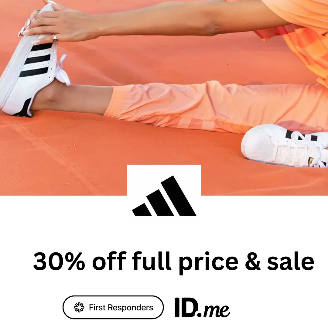 IDme's tweet photo. 30% off adidas — full price AND sale items. 🎽 Military, First Responders, Teachers, and Medical Professionals: shop through 7/13 at https://t.co/m5vCqTbm6E. https://t.co/85YeF3gs5r