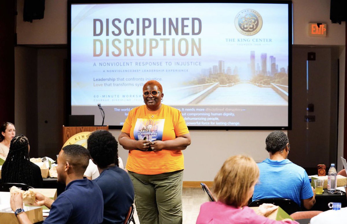 TheKingCenter's tweet photo. Yesterday, The King Center hosted a special in-person Lunch & Learn, ‘Disciplined Disruption: A Nonviolent Response to Injustice.’ 

The Nonviolence 365 workshop was facilitated by Vonnetta L. West and Bonita Hampton Smith and included remarks from King Center CEO, Dr. Bernice A. King.

The experience offered practical insight on how to disrupt injustice using the Six Principles and Six Steps of Kingian Nonviolence (#Nonviolence365), and concluded with participants sharing areas in which they commit to being disciplined disruptors.

Stay tuned for upcoming in-personal and virtual trainings and workshops: https://t.co/RapdPf7nAc 

#TheKingCenter #Nonviolence #MLK