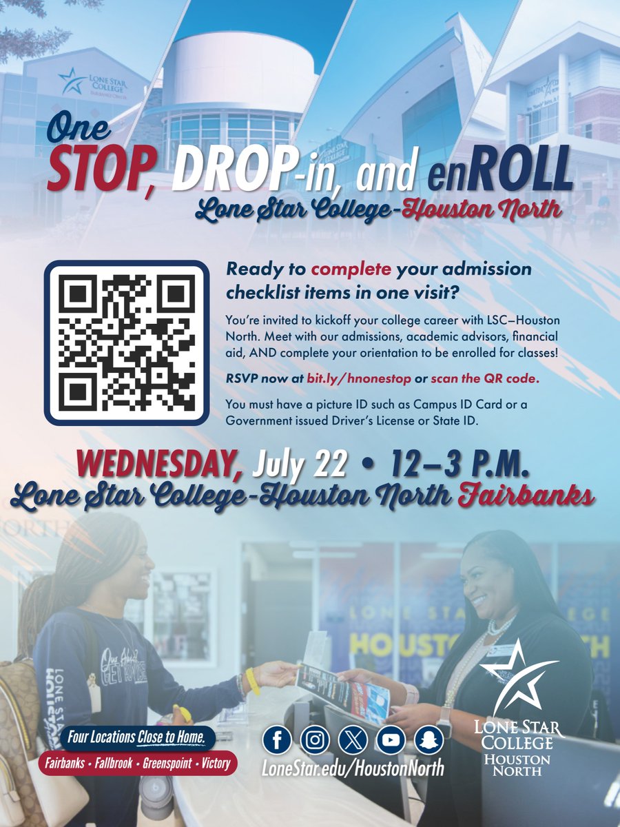 LSCHoustonNorth's tweet photo. You’re invited to kickoff your college career with LSC–Houston North at the One Stop, Drop-in, and enRoll event. Meet with admissions, academic advisors, financial aid, AND complete your orientation to be enrolled for classes!💫 

Wednesday, July 22 • 12-3 p.m.
LSC-HN Fairbanks https://t.co/lVtM7enOCO