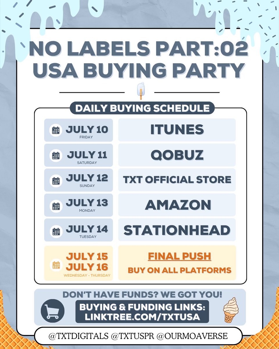 ourmoaverse's tweet photo. 🍦 Join our NO LABELS PT.02 USA Buying Party! 🇺🇸

Our focus is on buying the COMPLETE ALBUMS to maximize our impact and finish with a FINAL PUSH on all platforms! 💙

Need funds? 
🔗 https://t.co/Et6xj5utox

@TXTDigitals @TXTUSPR @ourmoaverse 
#ScoopUpNoLabels https://t.co/auSed8Wxo8