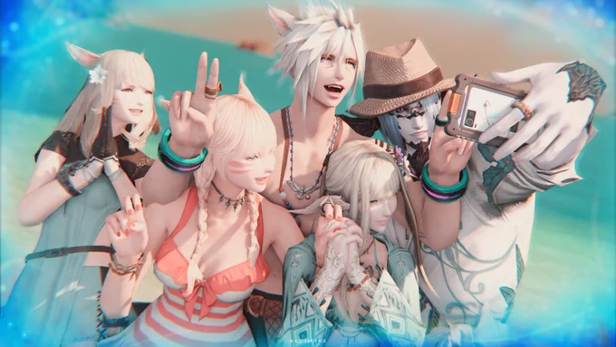 FF14 しんくーCWLSのみんなとスクショ撮ってあそんだ～ ばななさんの無人島やけだまちゃんハウスにもお邪魔して楽しかった! エモート合わせてスクショ撮るの得意人間です、よろしくお願いします(1枚目)