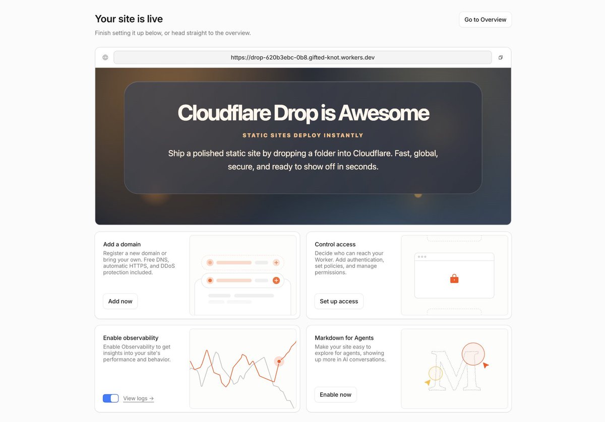 BraydenWilmoth's tweet photo. Introducing Cloudflare Drop

Drop your folder in the browser and deploy it instantly on Cloudflare. Your website... milliseconds away from users on region: earth 

No account needed. Deployment is active for 60 minutes, then expires unless you claim it.

https://t.co/Dn6b1mggqs https://t.co/FgNhjHxXzO