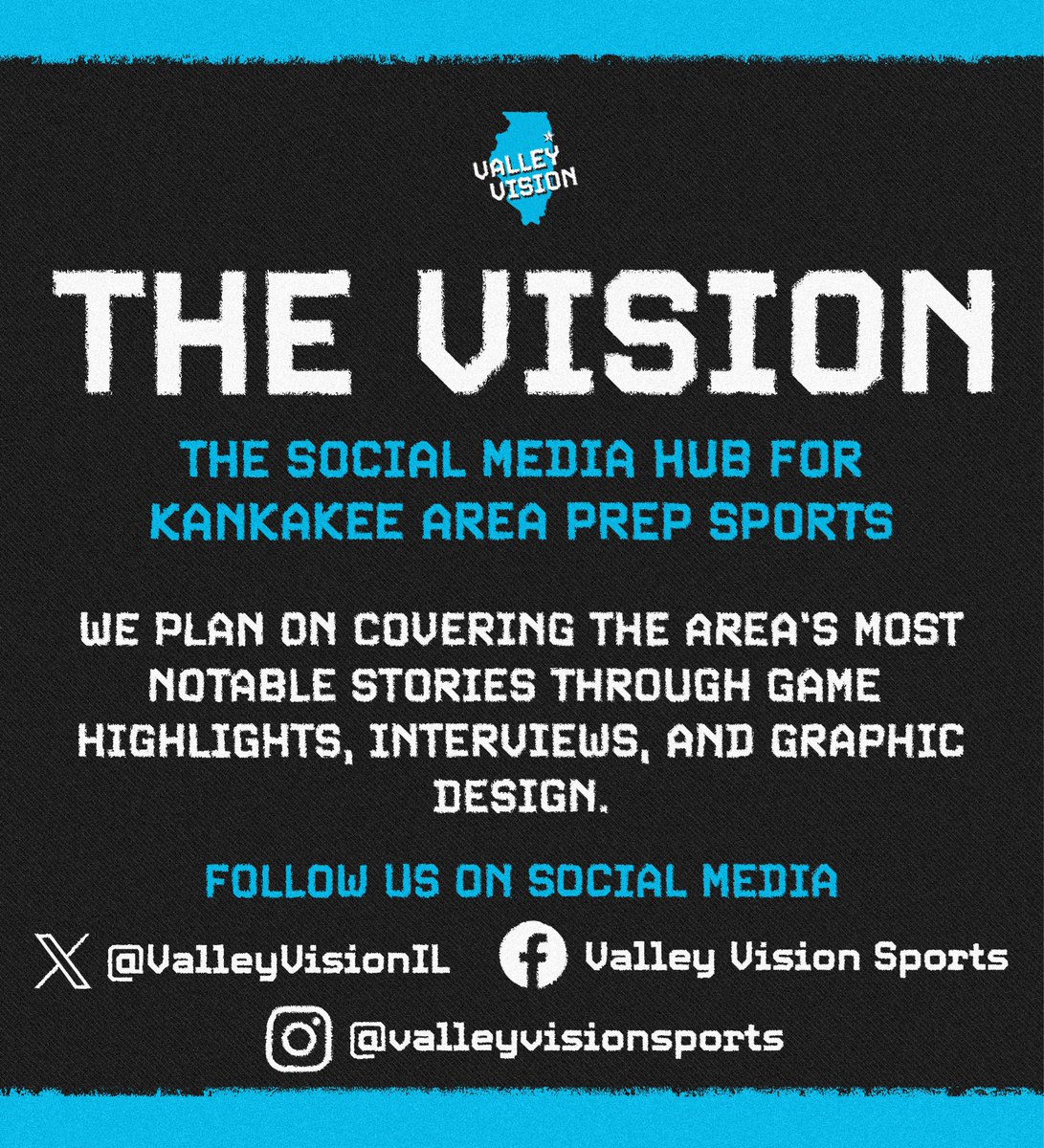 ValleyVisionIL's tweet photo. 𝙒𝙚𝙡𝙘𝙤𝙢𝙚 𝙩𝙤 𝙑𝙖𝙡𝙡𝙚𝙮 𝙑𝙞𝙨𝙞𝙤𝙣 𝙎𝙥𝙤𝙧𝙩𝙨!

The vision of this project is to provide coverage of prep sports in and around the Kankakee River Valley through the use of social media.

We are excited to get started!

#VisionoftheValley https://t.co/rlovRsmPRK