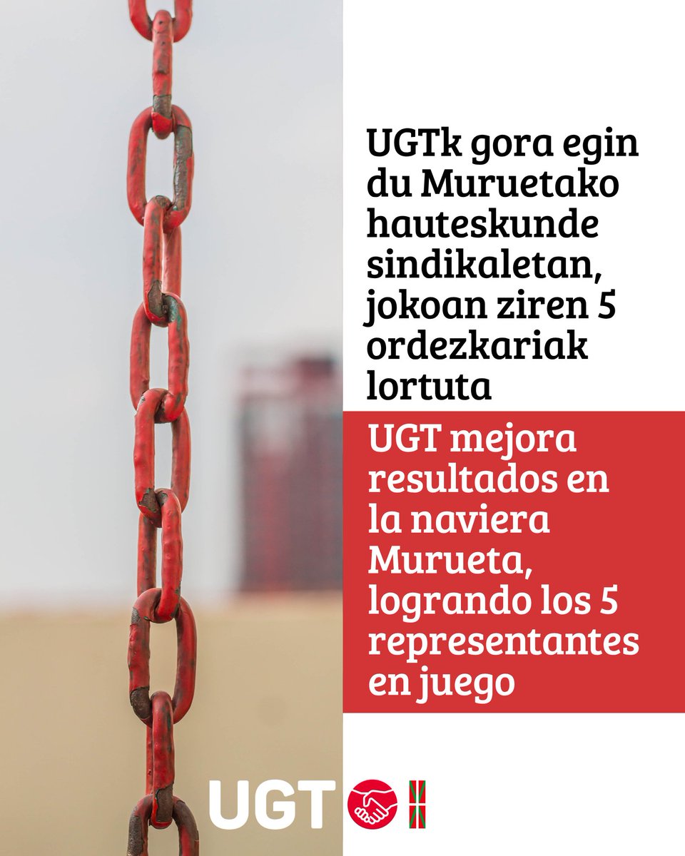 UGT_Euskadi's tweet photo. ⚓️ UGT mejora resultados en la naviera #Murueta, obteniendo los 5 representantes en juego en las elecciones sindicales.

⚓️ UGTk gora egin du Murueta ontzi-enpresako hauteskunde sindikaletan, jokoan ziren 5 ordezkariak lortuta.

2022 🚢 UGT 4 | CCOO 1
2026 🚢 UGT 5 https://t.co/c9Oco00oRi