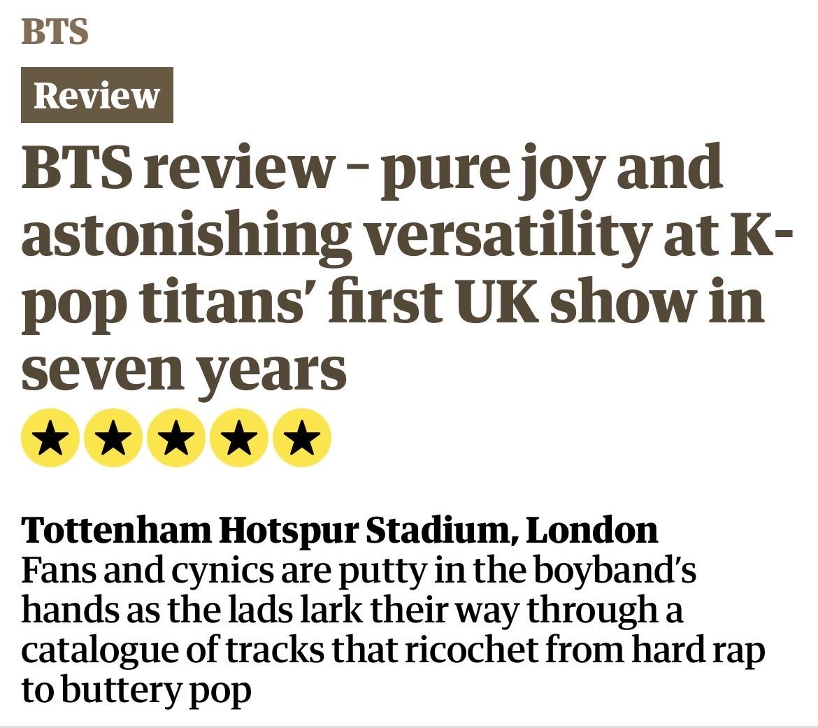 tetexgirl's tweet photo. Los medios británicos han colmado de elogios a #BTS tras su paso por Londres. Obtuvieron una calificación perfecta de 5 sobre 5 por parte de The Guardian, Rolling Stone y The Mirror. A su vez The Telegraph calificó el espectáculo como un “evento grandioso”, mientras que https://t.co/7qKCPCk1yQ