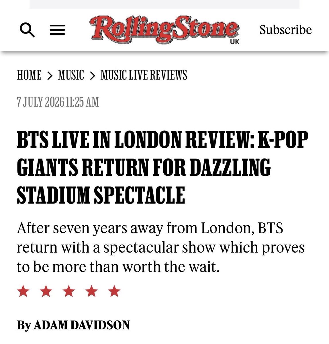 tetexgirl's tweet photo. Los medios británicos han colmado de elogios a #BTS tras su paso por Londres. Obtuvieron una calificación perfecta de 5 sobre 5 por parte de The Guardian, Rolling Stone y The Mirror. A su vez The Telegraph calificó el espectáculo como un “evento grandioso”, mientras que https://t.co/7qKCPCk1yQ