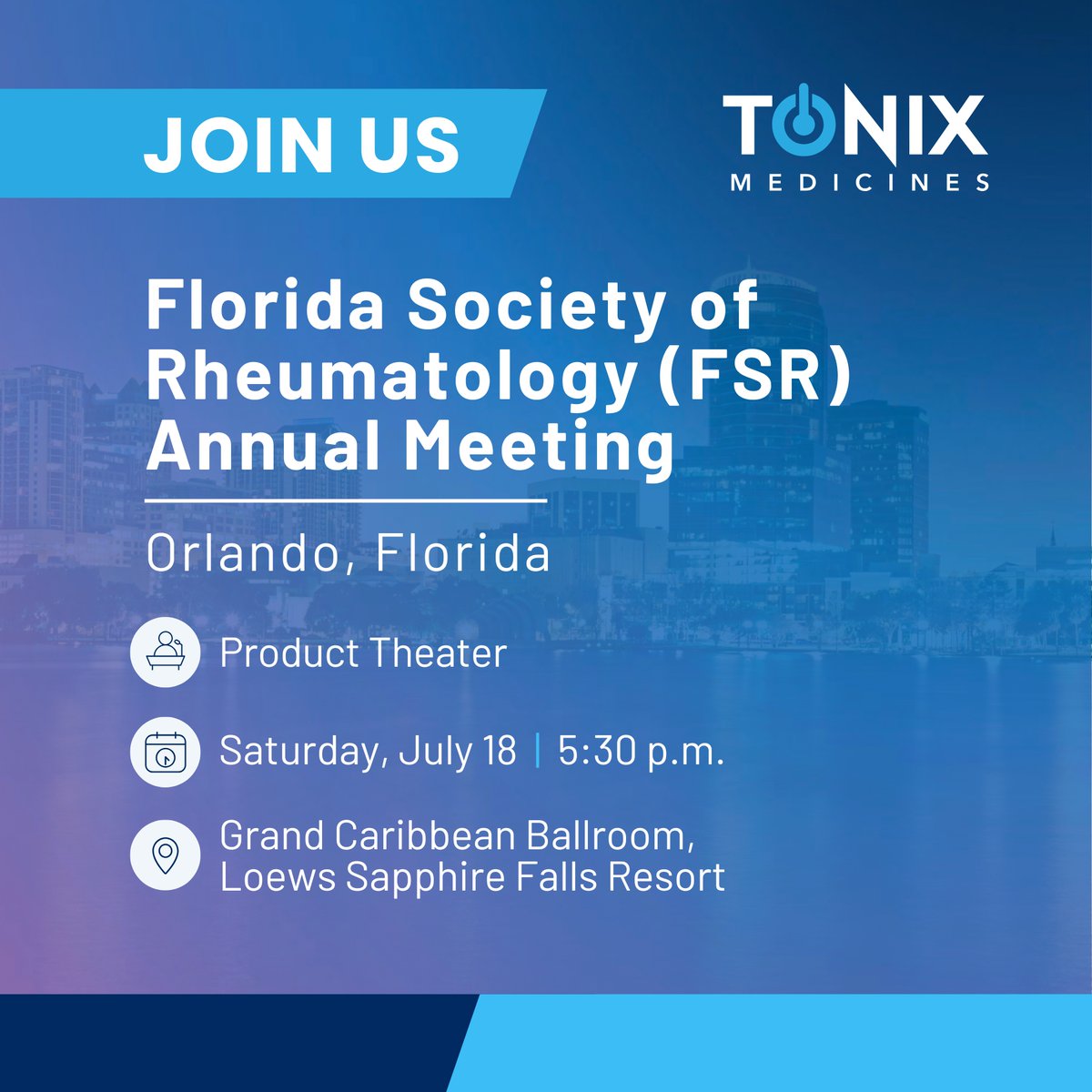 TonixPharma's tweet photo. We're excited to connect with the #rheumatology community at #FSR2026 and discuss the #fibromyalgia treatment landscape. Register here to join us on July 18 for a product theater: https://t.co/TL3FHM9ptV https://t.co/XmYryGGbYt