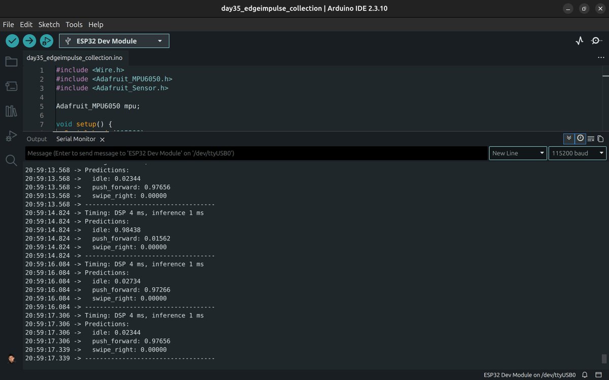 ultraman_62's tweet photo. #LSPPDay38
Today, I:
- connected live MPU6050 sensor data to my C++ firmware
- built a real-time data buffer to feed the AI engine
- achieved live, on-device gesture classification directly on the ESP32!
@lftechnology 
#LearningWithLeapfrog #60DaysOfLearning2026 #TinyML #ESP32 https://t.co/IlnwcptS1P