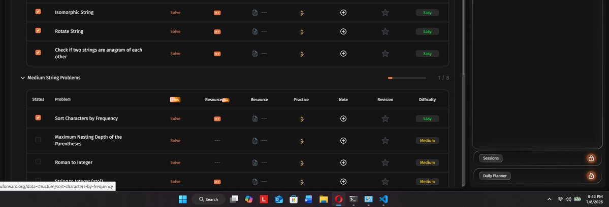Parass227's tweet photo. Day 30 DSA Progress ⚡

Wrapped up Easy Strings
1) Isomorphic String
2) Rotate String
3) Check if Two Strings are Anagram

Jumped into Medium Strings:
4) Sort Characters by Frequency

Easy Strings done  -  Medium ones are already a step up 🧠

#buildinpublic #dsa https://t.co/QbHVYNPs36