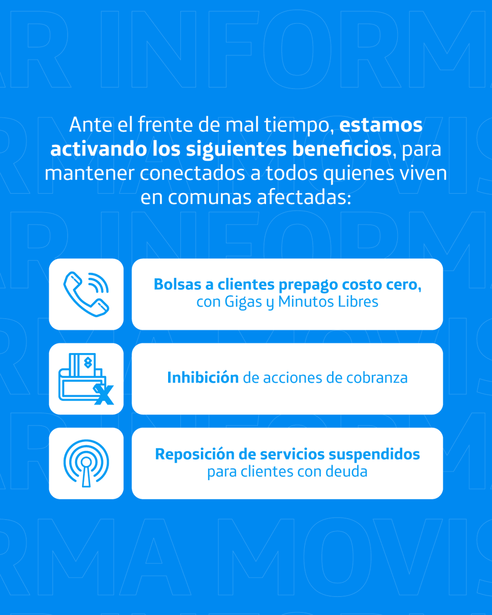MovistarChile's tweet photo. Atención Región de Los Ríos: activamos beneficios para nuestros clientes en las zonas de Corral, Futrono, Valdivia y Marquina, afectadas por el sistema frontal. Revísalos aquí 👇🏻

Tu seguridad y conectividad son nuestra prioridad. 🩵 https://t.co/cowc3dlnma