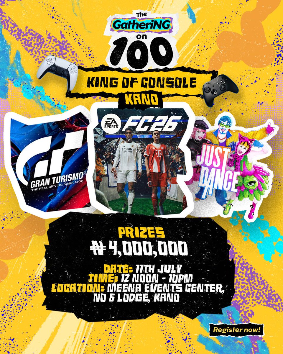 GatheringNG's tweet photo. There’s a crown to claim and cash prizes to be won. 

Do you have what it takes to be Kano’s King of Console?👑

Register via the link in bio🎮

#TheGatheringOn100 #LiveIt00 https://t.co/XBfpDrTKF4