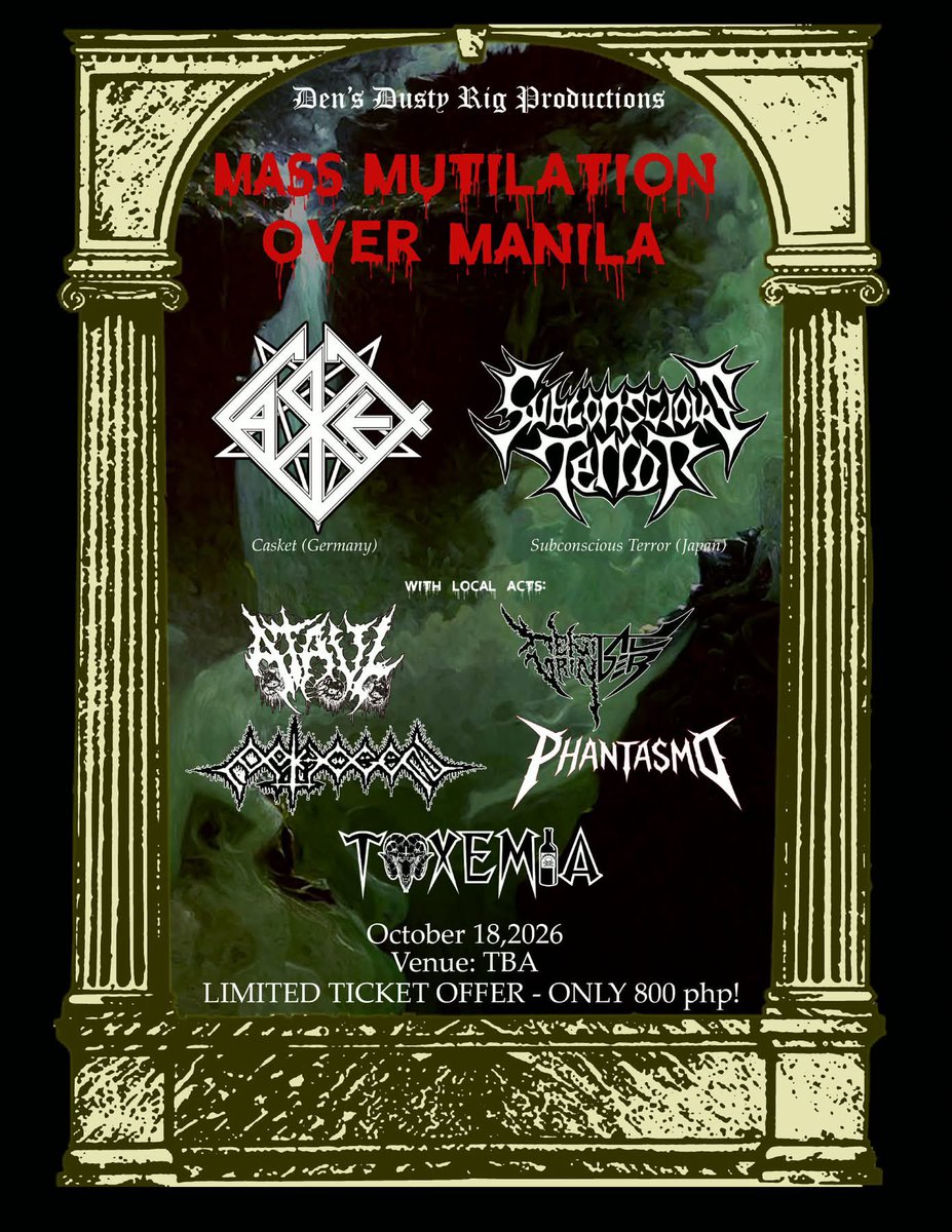 IronFiftyNine44's tweet photo. ——for an event officially titled "MASS MUTILATION OVER MANILA" after their back-to-back onslaughts in Cebu and Davao. The Luzon organizers have assembled a formidable legion of local support acts to ensure absolute extreme music pandemonium from start to finish. Sharing the— https://t.co/tdk922mXDi