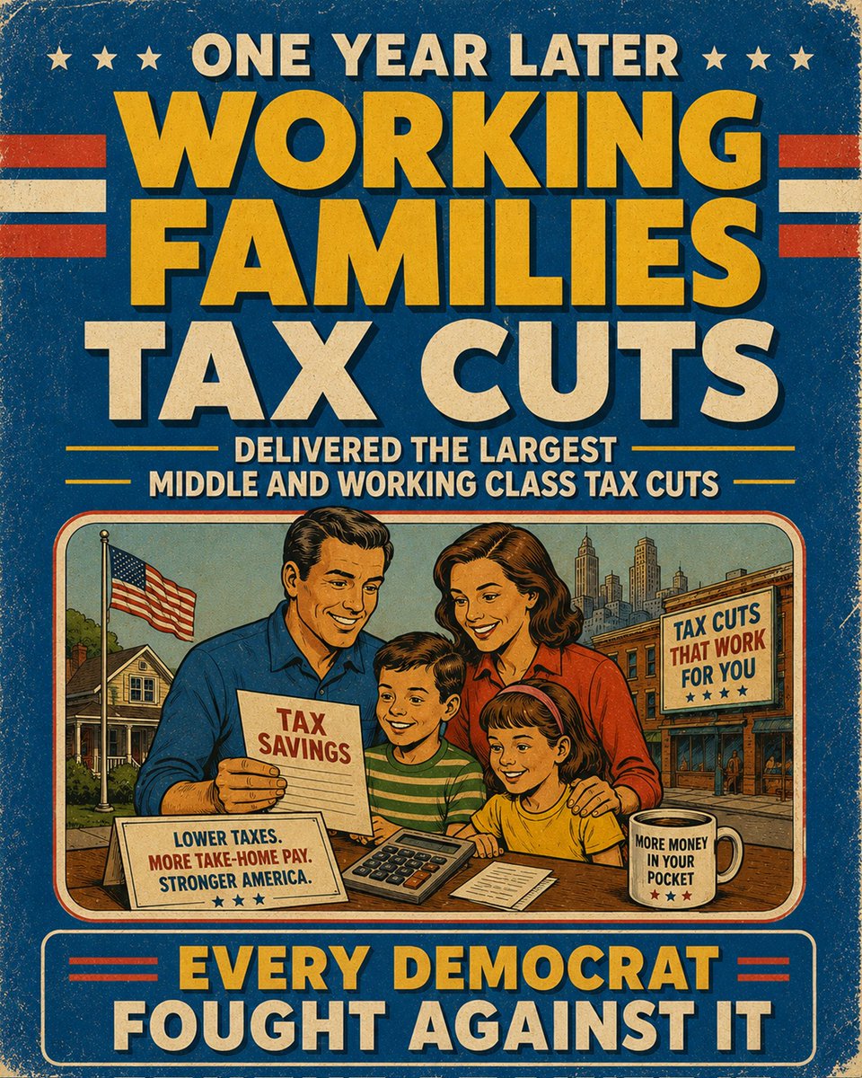 Americanvalue1s's tweet photo. Americans won’t forget: Republicans passed the largest tax cut in history while every Democrat voted against it.

🧵 President Trump &amp; Republicans are rewarding hard work &amp; restoring the American Dream by putting more money back in the pockets of those who earned it: https://t.co/RPZkSiPuIX