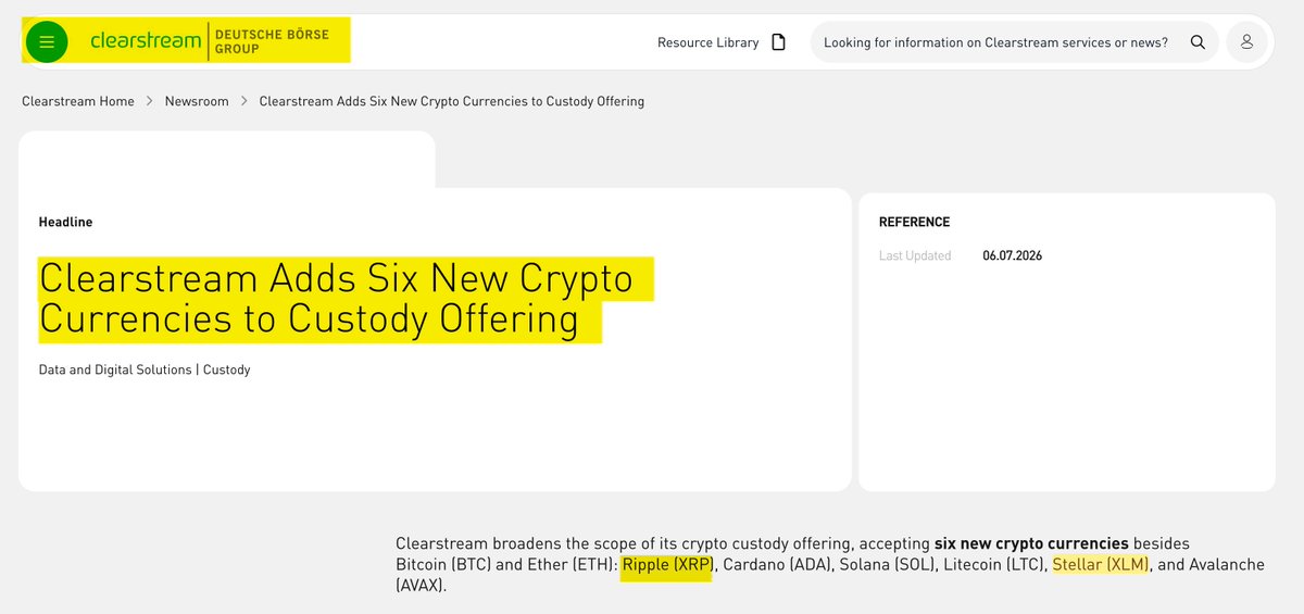 ChartNerdTA's tweet photo. 🔥 HUGE! Clearstream, one of the world's largest securities settlement giants has just opened regulated vaults for both $XRP and $XLM, providing secure custody services 👏🏻 https://t.co/TU0thk60tW