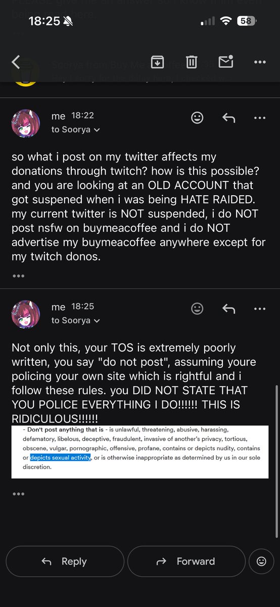 nyudachl's tweet photo. they looked at my old account @nyudachi that got banned due to hate raids! their TOS states you arent allowed to "post" certain things under their discretion - what they didnt tell you is that they do not only POOR RESEARCH!, they ALSO police EVERYTHING you do!
@buymeacoffee https://t.co/vGKcYiGO7A