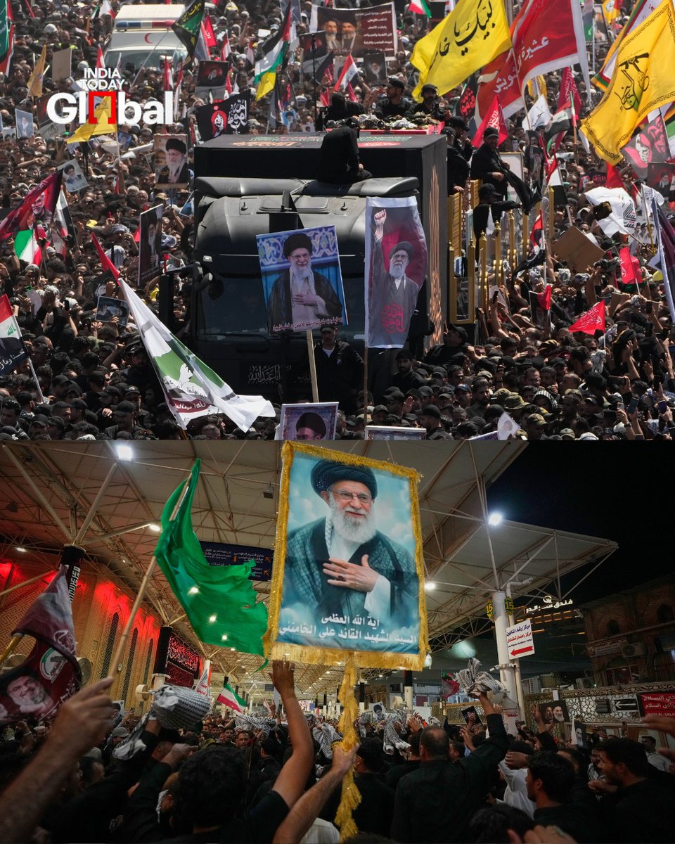 IndiaToday's tweet photo. Mourners gather in prayer during the funeral procession for the late Iranian Supreme Leader Ayatollah Ali Khamenei in Iraq.
#Iran #AyatollahKhamenei #Iraq #FuneralProcession #ITPhotoblog https://t.co/QV6jMbRzez