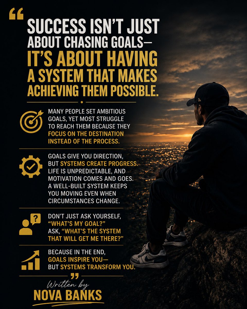 calmi_NOVA's tweet photo. 🎯 Goals give you direction. Systems create results.
Stop chasing motivation. Build habits. Build discipline. Build a system that wins—even on the days you don’t feel like it. 🚀💯
#Mindset #Discipline #Success #Growth #SelfImprovement #Consistency #Goals #System #NovaBanks https://t.co/irRGb3F65z