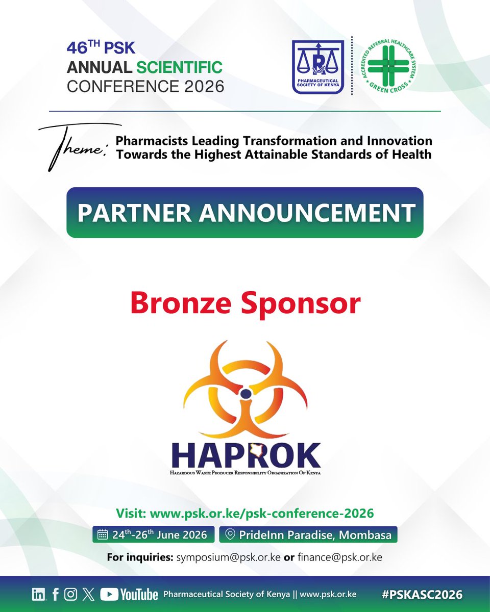 PSofKenya's tweet photo. Thank you, @haprok_kenya, a Bronze Sponsor of the recently concluded 46th PSK Annual Scientific Conference 2026, for your participation and commitment to advancing transformation and innovation towards attaining the highest attainable standards of health.

#PSKASC2026 https://t.co/YfLLmR1fie