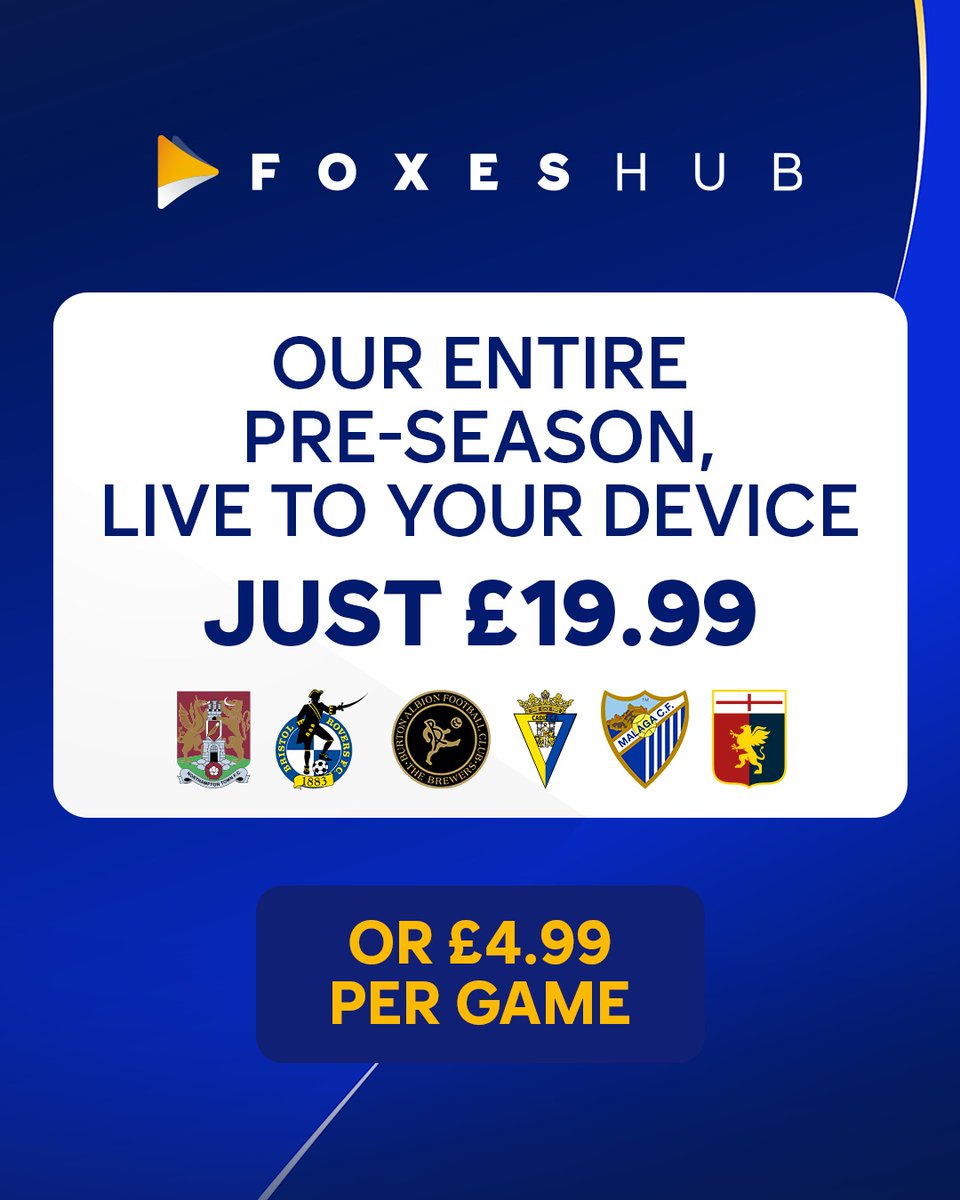 LCFC's tweet photo. All 6️⃣ games LIVE! 📺

Don't miss a thing this pre-season with live Foxes Hub coverage 🤝