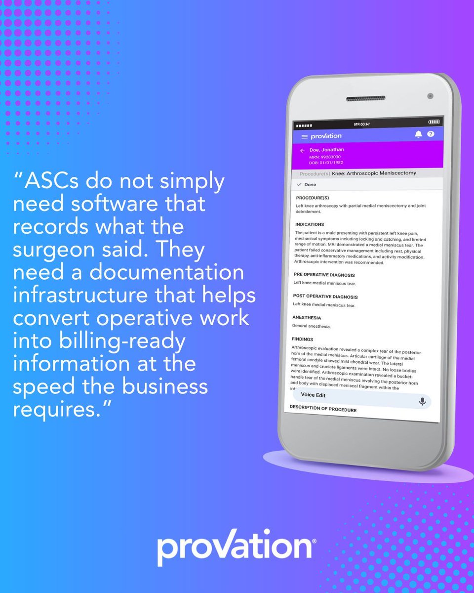 provationmed's tweet photo. A finished procedure generates more than a clinical outcome it generates information that multiple teams rely on throughout the organization.

The structure, completeness, and timeliness of operative documentation continue to be important considerations for ASC leaders. https://t.co/dYzzBXxNqs
