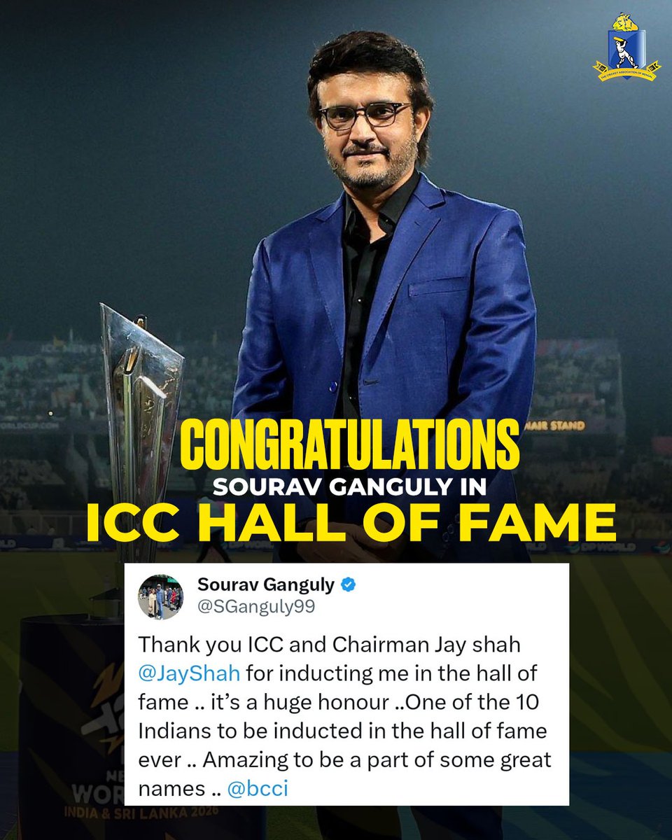 CabCricket's tweet photo. A moment of immense pride for Bengal and Indian cricket! 🏏 We are thrilled to celebrate the legendary Sourav Ganguly on his induction into the ICC Hall of Fame. A true icon of the game, whose legacy continues to inspire generations. Congratulations, Dada! 👏🇮🇳

#CAB #DADA https://t.co/efHOEsnbLx