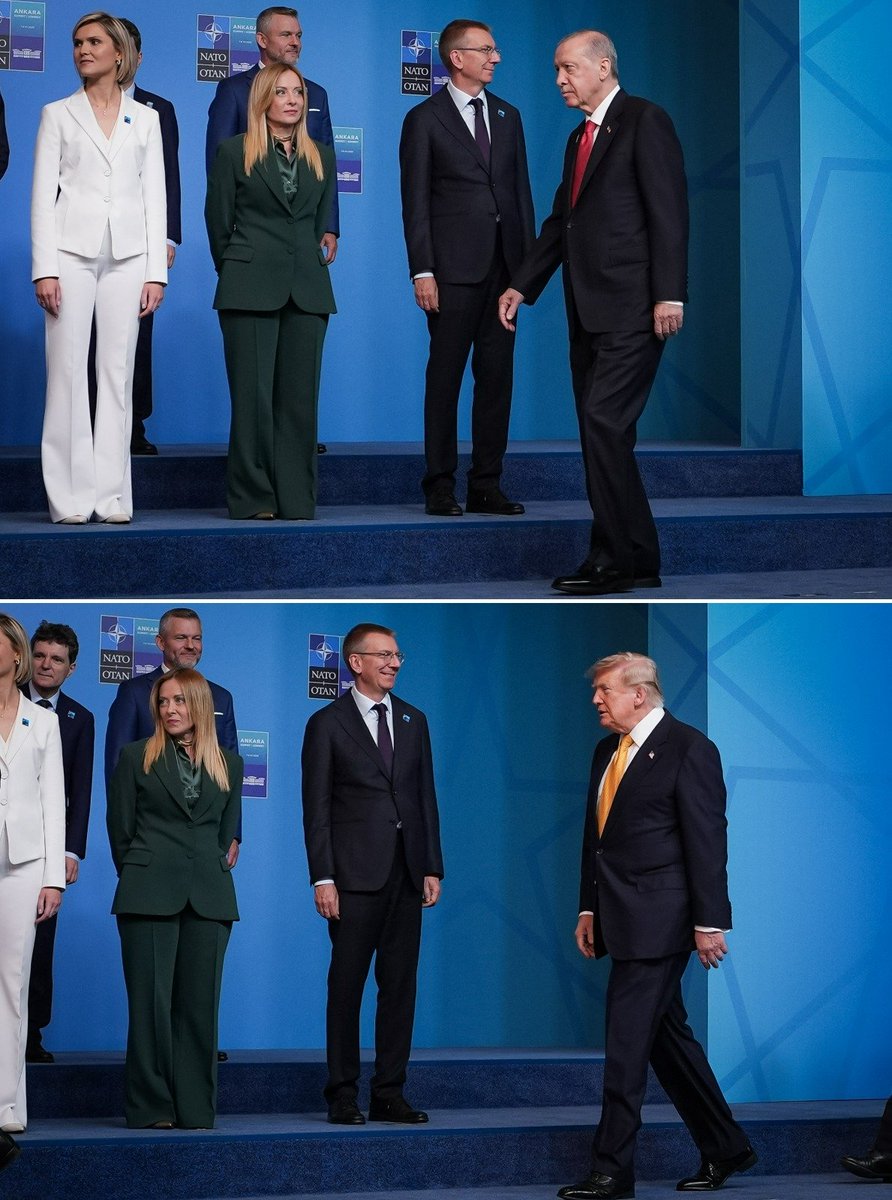 Gokbey_72's tweet photo. NATO Zirvesi kapsamında (#NATOsummit) İtalya Başbakanı Giorgia Meloni'nin Cumhurbaşkan Erdoğan'ın geçişi sırasındaki bakışları ile hemen ardından önünden geçen Donald Trump'a bakışları arasındaki fark gündem oldu. Trump'ı gören Meloni bakışlarını başka yöne çevirdi. https://t.co/9b2V86Hblq
