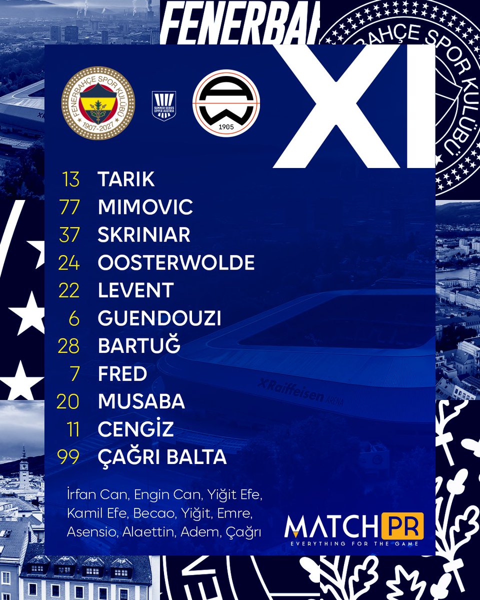 Fenerbahce's tweet photo. 📋 Admira Wacker maçı ilk 11’imiz. https://t.co/T59fGZBiSF