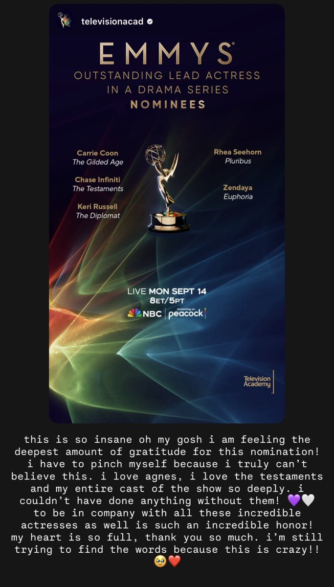 chasesinfiniti's tweet photo. chase infiniti reacts to her emmy nomination: 

this is so insane oh my gosh i am feeling the deepest amount of gratitude for this nomination! i have to pinch myself because i truly can't believe this. i love agnes, i love the testaments and my entire cast of the show so deeply. https://t.co/26m2p9NzTV