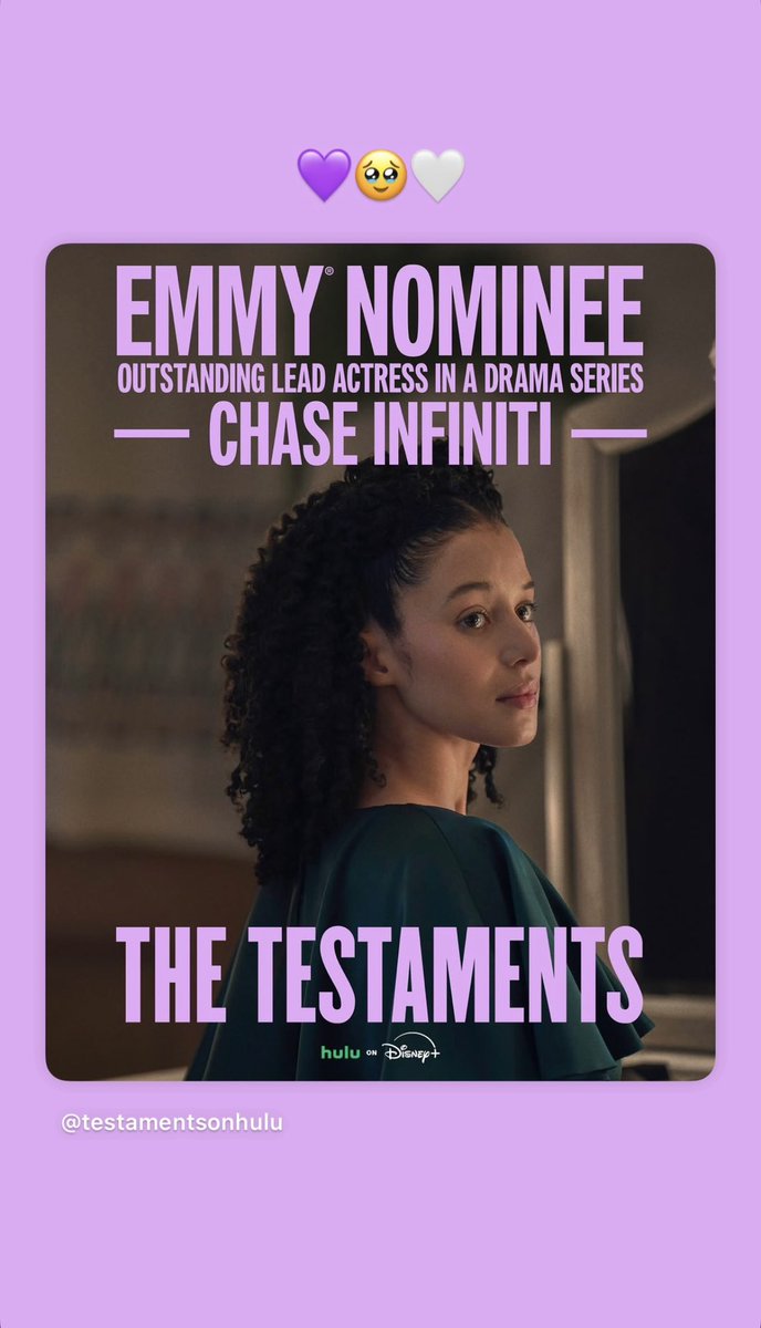 chasesinfiniti's tweet photo. chase infiniti reacts to her emmy nomination: 

this is so insane oh my gosh i am feeling the deepest amount of gratitude for this nomination! i have to pinch myself because i truly can't believe this. i love agnes, i love the testaments and my entire cast of the show so deeply. https://t.co/26m2p9NzTV