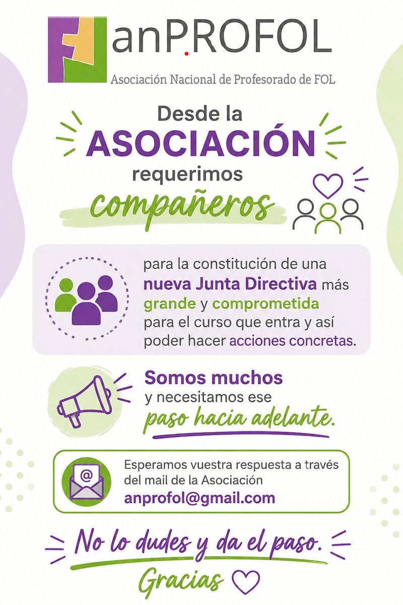 ANPROFOL's tweet photo. Compañeros foleros, necesitamos gente para la nueva Junta y así realizar acciones concretas. Da el paso, te esperamos.

#FOL https://t.co/ZwEf64HSiC