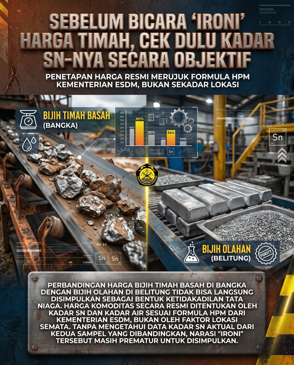 newsdigix's tweet photo. Perbandingan harga bijih timah perlu melihat kualitas material, termasuk kadar Sn dan kadar air sesuai formula resmi. Menilai harga hanya dari lokasi asal tanpa data lengkap berpotensi menimbulkan kesimpulan yang keliru. #bangkabelitung #pttimah #timahfu #LiterasiTambang #CekData https://t.co/3kjDA0j101