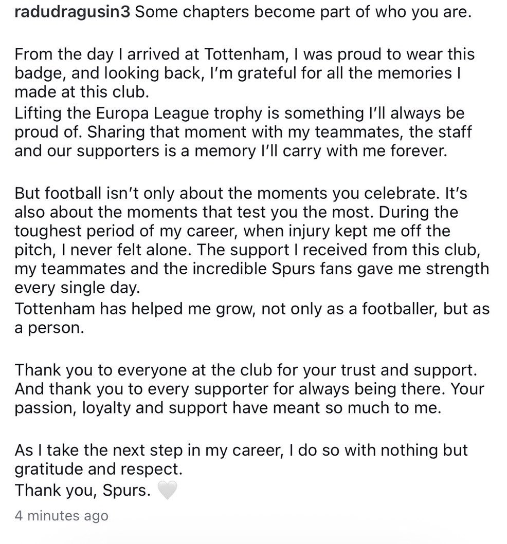 LastWordOnSpurs's tweet photo. 🤍Radu Drăgușin has announced his departure from Tottenham Hotspur!

📲[Via @Instagram]

#THFC | #COYS | #TOTTENHAM | #SPURS https://t.co/0rii7yHbsU