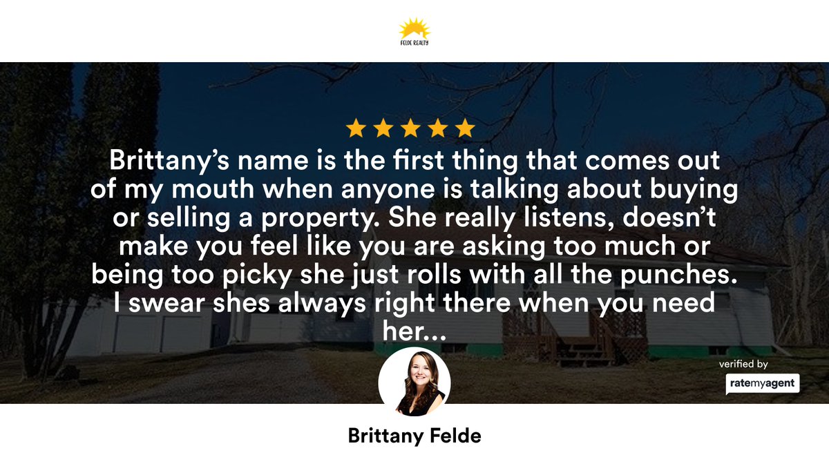 BrittanyFelde's tweet photo. My latest RateMyAgent review in Edmore.

https://t.co/YeWTAIYaig

...
#ratemyagent #realestate #Felde_Realty https://t.co/fGD5qHkz2N