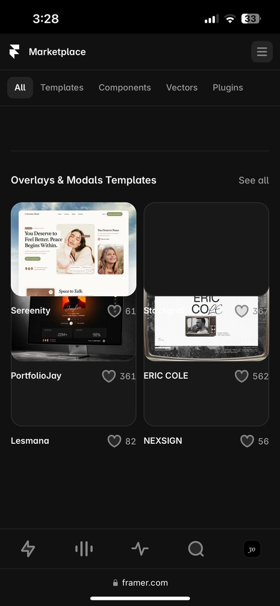 Yousefcopy's tweet photo. Anyone else experiencing issues with the @framer marketplace on mobile? https://t.co/iCqNuFYA51