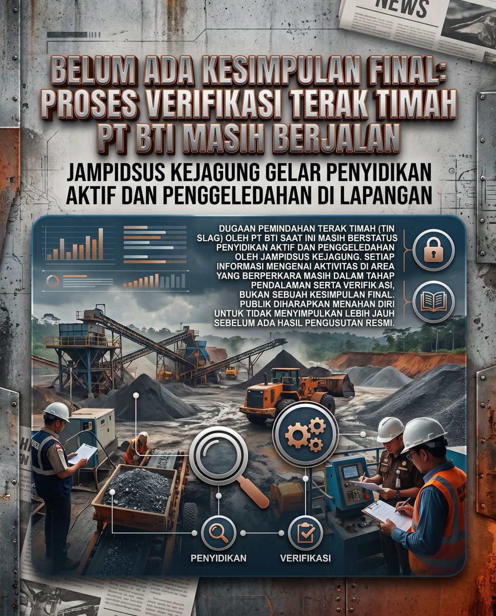 Kabarinbrt's tweet photo. Proses penyidikan dan verifikasi masih berlangsung. Informasi yang beredar terkait dugaan perpindahan terak timah belum dapat dijadikan kesimpulan akhir sebelum hasil resmi diumumkan. Mari utamakan fakta dibanding asumsi. #bangkabelitung #pttimah #timahfu #CekFakta #InfoTambang https://t.co/JL6MOfioaP