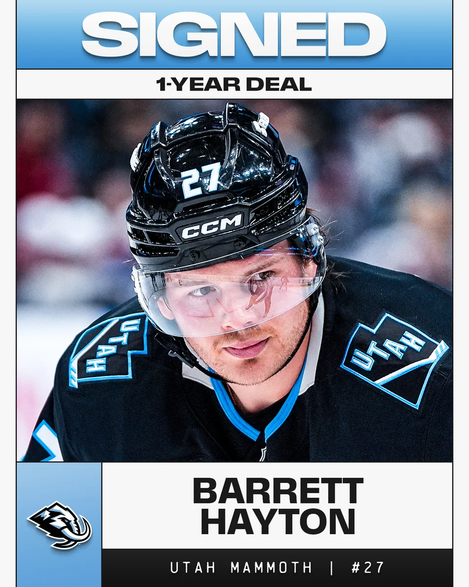 Top: White text on a blue background reading "Barrett Hayton. 1-year deal"

Middle: Photo of Barrett Hayton on ice in a Mammoth uniform.

Bottom: Text on a white and black background reading "Barrett Hayton. Utah Mammoth. #27"